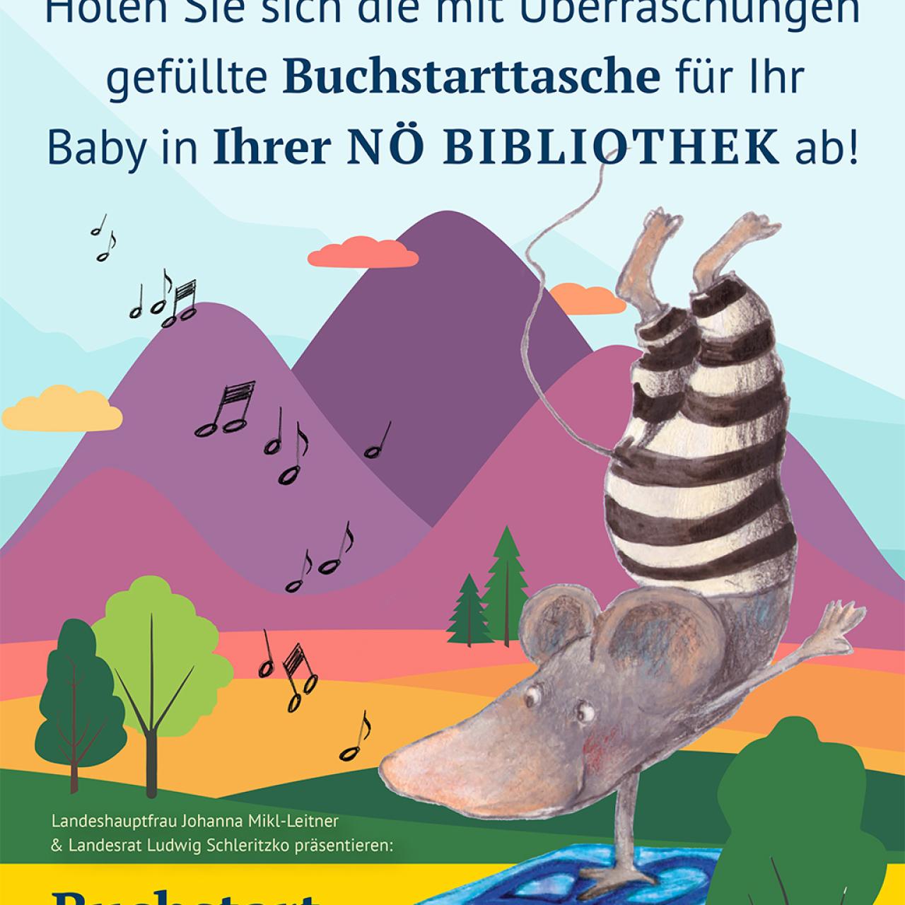 Buchstart Maskottchen Mio Maus macht einen Handstand auf einem Buch